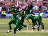 Bangladesh celebrate beating England at Bristol.