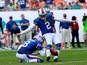 Dan Carpenter of the Buffalo Bills kicks a field goal in the last minute against the Miami Dolphins on October 20, 2013