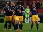 Salzburg's Jonathan Soriano celebrates with teammates after scoring his team's third goal against Ajax during their Europa League match on February 20, 2014