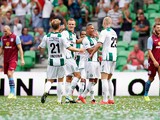 Tjaronn Chery of Groningen is congratulated by team mates after scoring the first goal of the game during the pre season friendly match between FC Groningen and Aston Villa held at the Euroborg on August 2, 2014 