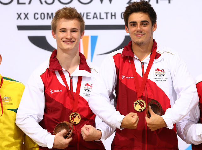 Jack Laugher and Chris Mears of England pose with their gold medals after winning the synchronised 3m springboard event at the Commonwealth Games on August 1, 2014