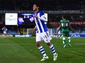 Carlos Vela Garrido of Real Sociedad celebrates after scoring his team's third goal during the La Liga match between Real Socided and Elche FC at Estadio Anoeta on November 28, 2014 