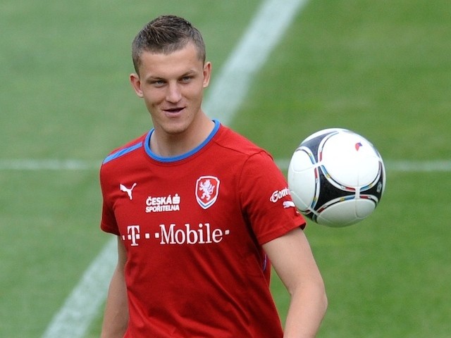 Czech Republic's Tomas Necid kicks a ball during a training session of the Czech national football team on May 31, 2012