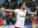 Paris Saint-Germain's Brazilian midfielder Lucas Moura celebrates after scoring a goal during the French L1 football match between Bastia and Paris Saint Germain (PSG) at the Armand Cesari stadium in Bastia on the French Mediterranean island of Corsica on