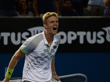 Kevin Anderson of South Africa reacts after beating Richard Gasquet of France in their men's singles match on day five of the 2015 Australian Open tennis tournament in Melbourne on January 23, 2015