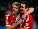 Goalscorers Patrick Bamford and Garcia Kike of Middlesbrough celebrate after the FA Cup Fourth Round match against Manchester City on January 24, 2015