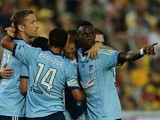 Bernie Ibini-Isei of Sydney FC points to the Mariners crowd after his team scores a goal during the round 16 A-League match between the Central Coast Mariners and Sydney FC at Central Coast Stadium on January 24, 2015