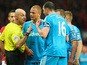 Wes Brown of Sunderland reacts after being shown a straight red card by Refere Roger East as John O'Shea of Sunderland appeals during the Barclays Premier League match between Manchester United and Sunderland at Old Trafford on February 28, 2015