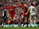 Steven Gerrard of Liverpool after scoring the third goal looks to team mate Fernando Torres who scored the second gaol in the first half during the Barclays Premier League match between Liverpool and Newcastle United at Anfield on March 8, 2008