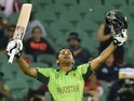 Pakistan batsman Sarfraz Ahmed celebrates his century during the 2015 Cricket World Cup Pool B match between Pakistan and Ireland at the Adelaide Oval on March 15, 2015