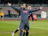 Gonzalo Higuain of Napoli celebrates after scoring goal 2-1 during the UEFA Europa League Round of 16 football match between SSC Napoli and FC Dinamo Moskva at the San Paolo Stadium on March 12, 2015