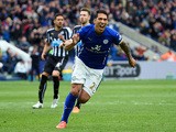 Leonardo Ulloa of Leicester City celebrates scoring his team's third goal from the penalty spot during the Barclays Premier League match between Leicester City and Newcastle United at The King Power Stadium on May 2, 2015