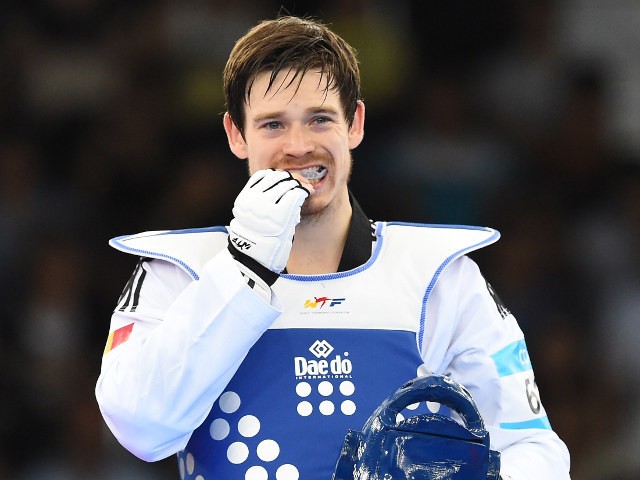 Aaron Cook of Moldova reacts after losing in the quarter-finals of the men's -80kg event at the European Games in Baku