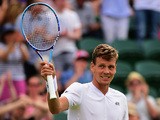 Tomas Berdych of Czech Republic celebrates after winning his Gentlemens Singles Second Round match against Nicolas Mahut of France during day four of the Wimbledon Lawn Tennis Championships at the All England Lawn Tennis and Croquet Club on July 2, 2015