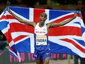 Mo Farah of Great Britain celebrates after winning the Mens 3000m Final during day one of the Sainsbury's Anniversary Games at The Stadium - Queen Elizabeth Olympic Park on July 24, 2015
