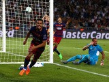 Pedro of Barcelona celebrates scoring their fifth goal past Beto of Sevilla in extra time during the UEFA Super Cup between Barcelona and Sevilla FC at Dinamo Arena on August 11, 2015