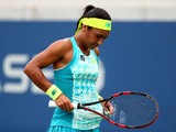 Heather Watson of Great Britain in action against Lauren Davis of the United States during their women's first round match on Day One of the 2015 US Open at the USTA Billie Jean King National Tennis Center on August 31, 2015