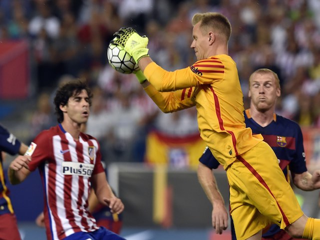 Barca keeper Marc-Andre Ter Stegen makes a save during the game with Atletico Madrid on September 12, 2015