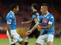 Allan (L) of Napoli celebrates the second goal with his teammate Marek Hamsik during the Serie A match between SSC Napoli and SS Lazio at Stadio San Paolo on September 20, 2015 in Naples, Italy.