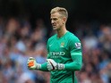 Joe Hart of Manchester City celebrates his team's third goal during the Barclays Premier League match between Manchester City and Chelsea at the Etihad Stadium on August 16, 2015