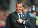Brendan Rodgers, manager of Liverpool looks on prior to the Barclays Premier League match between Liverpool and Aston Villa at Anfield on September 26, 2015 in Liverpool, United Kingdom.