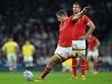 Dan Biggar kicks a penalty for Wales during the Rugby World Cup game with England on September 26, 2015