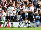 Eric Dier (2nd R) of Tottenham Hotspur celebrates scoring his team's first goal with his team mates during the Barclays Premier League match between Tottenham Hotspur and Manchester City at White Hart Lane on September 26, 2015