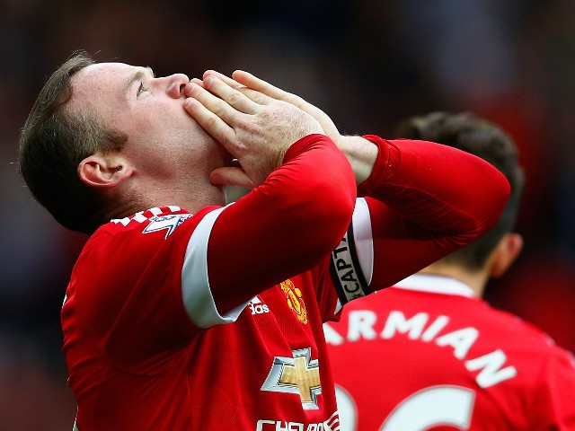 Wayne Rooney of Manchester United celebrates scoring his team's second goal during the Barclays Premier League match between Manchester United and Sunderland at Old Trafford on September 26, 2015 in Manchester, United Kingdom.