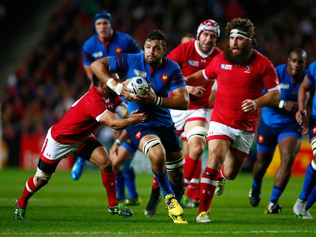 Damien Chouly of France attempts to break through during the 2015 Rugby World Cup Pool D match between France and Canada at Stadium mk on October 1, 2015