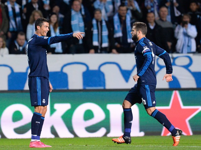 Real Madrid's Portuguese forward Cristiano Ronaldo celebrates after scoring the opening goal with his teammate Spanish defender Nacho (R) during the UEFA Champions League first-leg Group A football match between Malmo FF and Real Madrid CF at the Swedbank