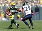 Ty Montgomery #88 of the Green Bay Packers carries the football against Trumaine Johnson #22 of the St. Louis Rams in the first quarter at Lambeau Field on October 11, 2015 in Green Bay, Wisconsin.