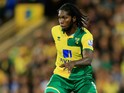 Dieumerci Mbokani of Norwich City during the Capital One Cup Third Round match between Norwich City and West Bromwich Albion at Carrow Road on September 23, 2015 in Norwich, England.