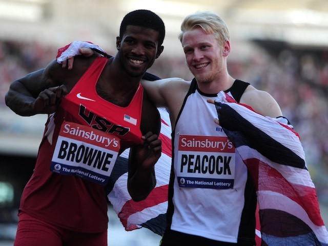 Richard Browne Jnr and Jonnie Peacock pose for a photo during the Anniversary Games on July 28, 2013