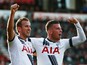 Harry Kane (L) of Tottenham Hotspur celeberates scoring his team's fifth and hat trick goal with his team mate Toby Alderweireld (R) during the Barclays Premier League match between A.F.C. Bournemouth and Tottenham Hotspur at Vitality Stadium on October 2