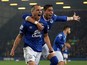 Leon Osman of Everton celebrates scoring his side's first goal with team-mate Ramiro Funes Mori during the Capital One Cup Fourth Round match between Everton and Norwich City at Goodison Park on October 27, 2015 in Liverpool, England.