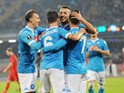 Josè Maria Callejon of Napoli celebrate by hise team mates after 5-0 scored during the UEFA Europa League Group D match between SSC Napoli and FC Midtjylland at Stadio San Paolo on November 5, 2015 in Naples, Italy.