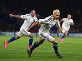 Dynamo Kiev's Austrian defender Aleksandar Dragovic (R) celebrates after scoring during a UEFA Chamions league group stage football match between Chelsea and Dynamo Kiev at Stamford Bridge stadium in west London on November 4, 2015