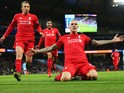 Martin Skrtel of Liverpool celebrates scoring his team's fourth goal during the Barclays Premier League match between Manchester City and Liverpool at Etihad Stadium on November 21, 2015 in Manchester, England.