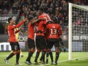 Rennes' French forward Ousmane Dembele (2ndR) celebrates with teammates after scoring a goal during the French L1 football match Rennes against Bordeaux on November 22, 2015
