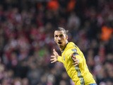 Sweden's forward and team captain Zlatan Ibrahimovic celebrates after scoring his second goal during the Euro 2016 second leg play-off football match between Denmark and Sweden at Parken stadium in Copenhagen on November 17, 2015