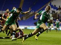 Andrew Fenby of London Irish runs in a try during the European Rugby Challenge Cup match between London Irish and Edinburgh Rugby at Madejski Stadium on December 12, 2015