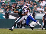 Connor Barwin #98 of the Philadelphia Eagles makes a catch over Ronald Darby #28 of the Buffalo Bills during the third quarter at Lincoln Financial Field on December 13, 2015