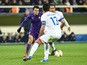 Fiorentina's forward Giuseppe Rossi (L) vies with Belenenses' defender Joao Afonso during the UEFA Europa League football match Fiorentina vs Os Belenenses on December 10, 2015