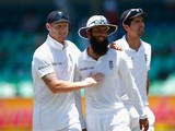 Ben Stokes, Moeen Ali and Alastair Cook on day five of the first Test between South Africa and England on December 30, 2015