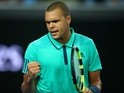 Jo Wilfried Tsonga celebrates against Pierre-Hugues Herbert during day five of the 2016 Australian Open at Melbourne Park on January 22, 2016