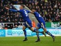 Leicester City duo Jamie Vardy and Riyad Mahrez celebrate during a Premier League game on November 21, 2015