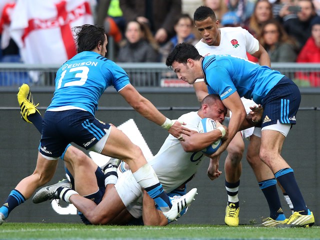 Jonathan Joseph goes over for his hat-trick during the Six Nations game between Italy and England on February 14, 2016