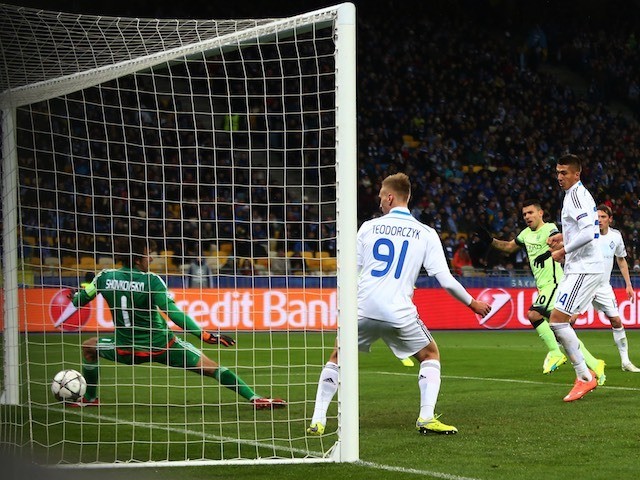 Sergio Aguero of Manchester City scores the opening goal against Dynamo Kiev in the Champions League on February 24, 2016