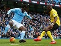 Aly Cissokho and Wilfried Bony in action during the Premier League game between Manchester City and Aston Villa on March 5, 2016