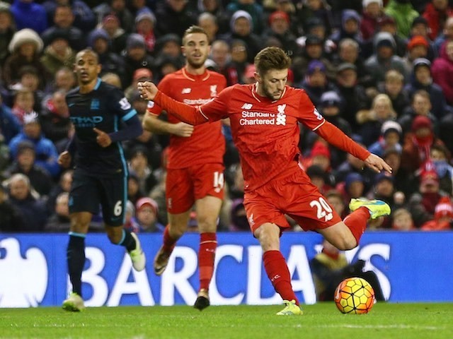 Adam Lallana scores the opener during the Premier League game between Liverpool and Manchester City on March 2, 2016